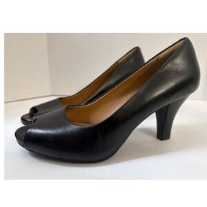 Clarks Artisan Womens Black Leather Peep Toe Pumps Heels Size 9 N Narrow Shoes